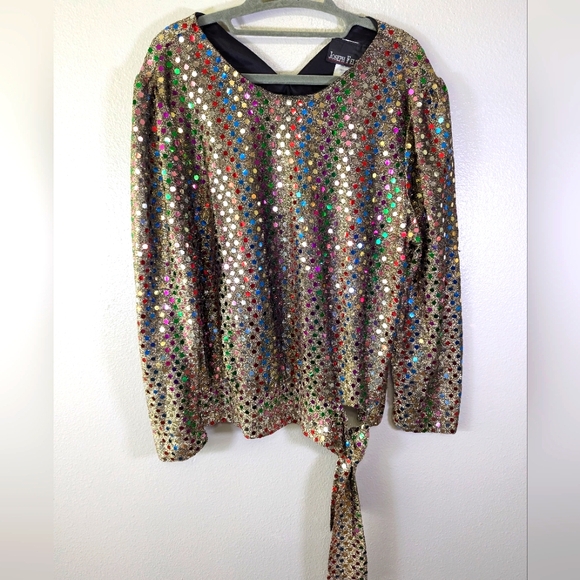 Vintage Rainbow Sequin blouse Shiny Holiday top Party Shimmer Shirt Long… - Picture 1 of 6